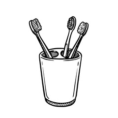 Three toothbrushes in holder. Bathroom essentials include three individual toothbrushes in a simple glass holder. This image is perfect for dental hygiene infographics, bathroom brochures,