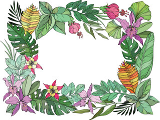 A vibrant vector illustration of a tropical floral frame featuring orchids, hibiscus, passion flowers, and ginger flowers surrounded by lush green leaves.