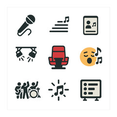 Singing Competition Icons. Flat icon set of singing competitions: handheld mic, vocal scale, contestant card,