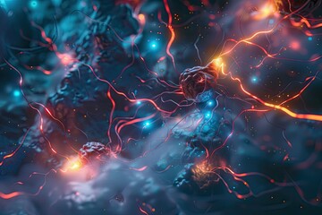 Detailed Image of Neurons with Electrical Activity in Blue and Red Colors