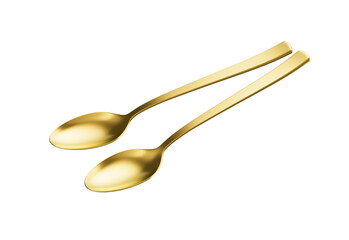 Two golden spoons featuring a smooth curves and straight handle, perfect for dining. 3d illustration