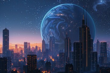 Premium Quality Visual of Giant Planet in Space with Futuristic City and Skyscraper Buildings