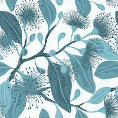 Seamless Monochrome blue pattern with leafy branches with purple fluffy eucalyptus flowers, vector illustration