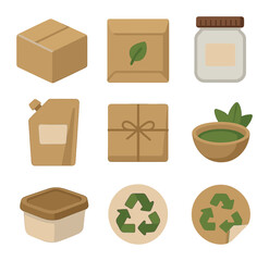 Eco Packaging Icons. Flat icon set of sustainable product packaging: kraft box, eco mailer, glass jar, minimal