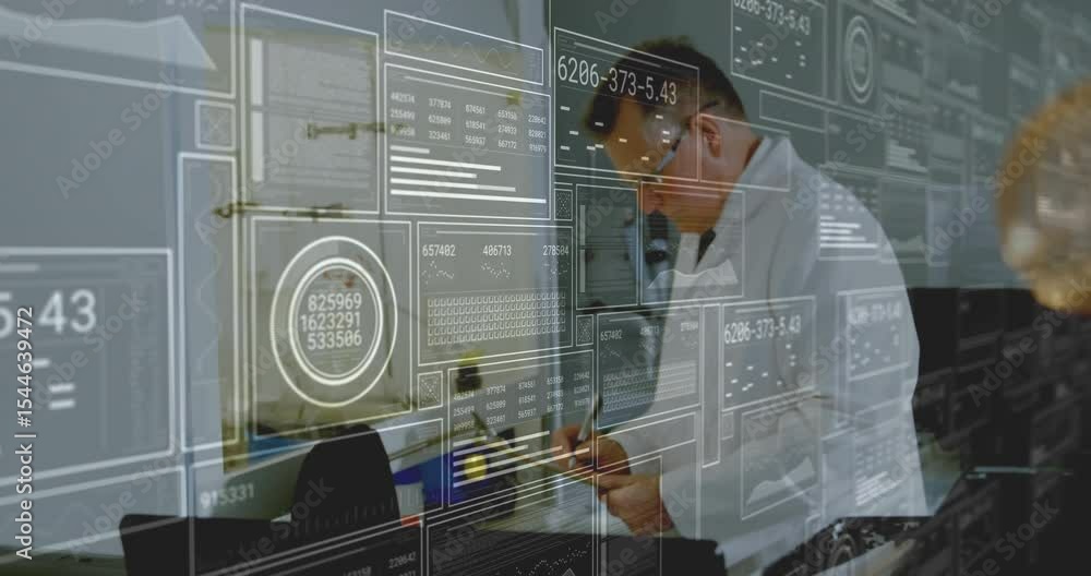 Poster lab researcher stepping, examining gauges while animated panels logging readings for analysis