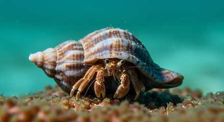 海底散歩 縞模様貝殻 小さなカニ 鮮やか水中世界 (Kaitei sanpo shima moyō kaikaku chiisana kani azayakana suichū sekai) Translation: Seabed stroll striped shell small crab vivid underwater world. AI Generated