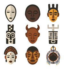 African Tribal Mask Icons. Flat icon set of African tribal masks: Fang mask, Dan mask, Yoruba mask, Bwa plank