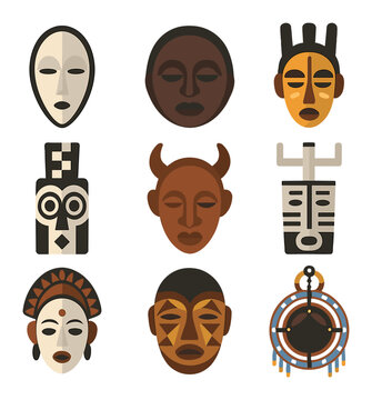 African Tribal Mask Icons. Flat icon set of African tribal masks: Fang mask, Dan mask, Yoruba mask, Bwa plank