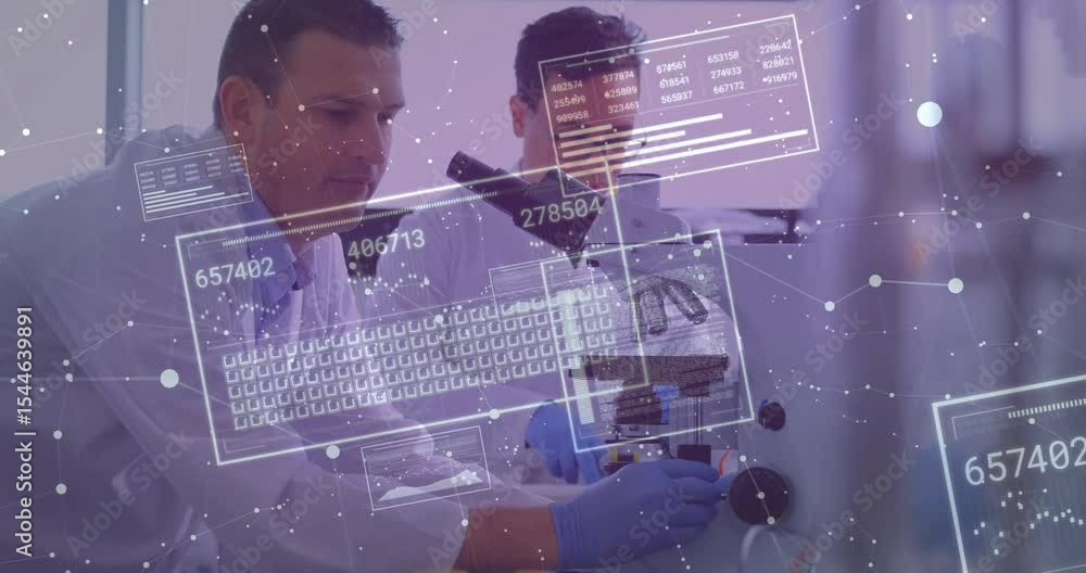 Poster scientists adjusting microscope focus after 1-second, digital panels appearing updating lab data