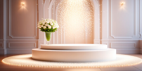 Elegant Two-Tiered Display Stand with White Roses in Luxurious Interior.