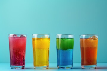 Four Different Colored Drinks with Different Colors of Rainbow Colored Liquid