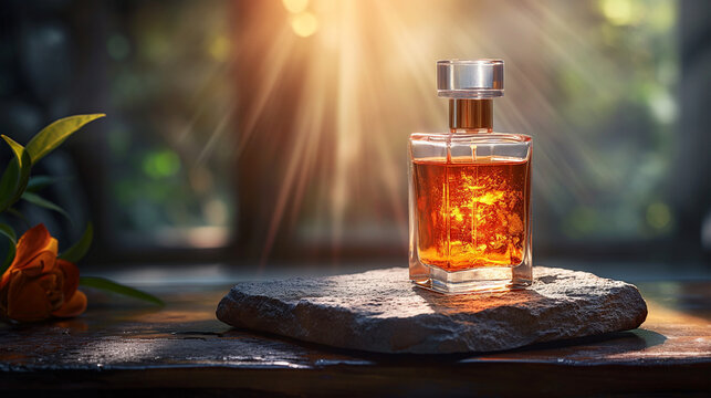 Golden sunlight enhances a glowing elixir effect. Elegant square glass bottle with amber liquid on stone slab. Perfect for luxury branding, fantasy themes, or natural product packaging.