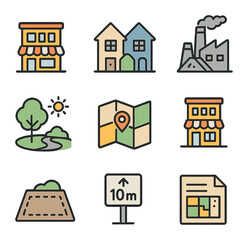 Zoning Icons Set. Flat icon set of zoning and land use: commercial zone, residential block, industrial site,