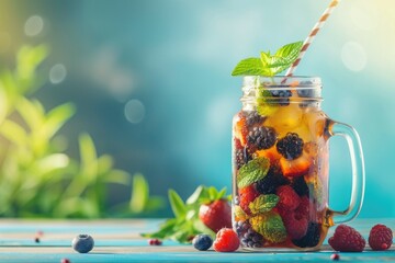 High Definition Picture of Fresh Ice Tea with Berries in a Glass Jar