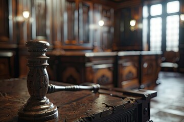Ultra Quality Image of Wooden Gavel on Desk Courtroom Scene
