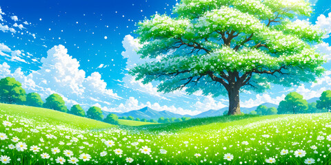 Serene Spring Meadow with Blossoming Tree.