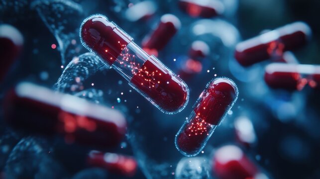 AI interface analyzing DNA data with holographic pills flying in midair abstract representation of personalized pharmacogenomics style digital art
