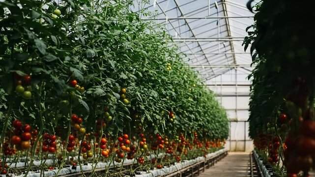Tomato greenhouse cultivation: Ripe and unripe tomatoes hanging on vines in a modern agricultural facility