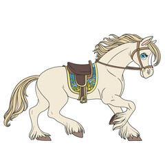 Cute cartoon horse harnessed in a harness runs forward on a white background