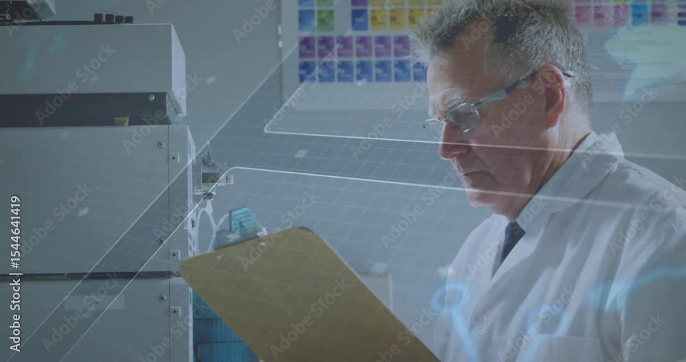 Poster senior scientist scanning panel checking clipboard showing data overlays and tuning settings in lab