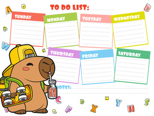 To do list for writing plans for the week with cute cartoon capybara in school backpack with a skateboard under arm