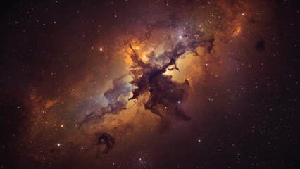 Fototapeta premium Stellar Nebula - Glowing cosmic nebula clouds in radiant orange, purple, and blue hues amidst sparkling stars, evoking mystery and serenity.