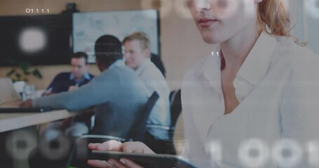 Business woman tapping tablet launching animated data overlays for team analysis in tech meeting - Powered by Adobe