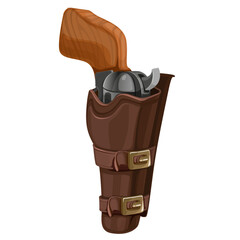 Revolver with wooden handle in a holster isolated on a white background