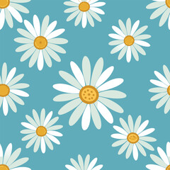 Seamless pattern of white daisies on blue background