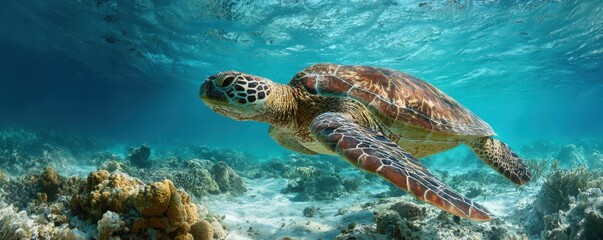 Fototapeta premium Graceful Sea Turtle Swimming Among Coral Reefs in Clear Turquoise Water Under Bright Sunlight in an Underwater Paradise Environment