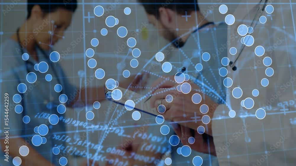Poster doctors reviewing patient data tapping tablet writing clipboard notes as node grid overlay shifting
