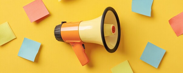 Bright megaphone on vibrant yellow background surrounded by colorful sticky notes perfect for communication, announcements, or marketing concepts