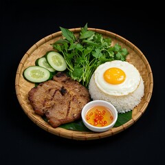 Vietnamese cơm tấm with broken rice, grilled pork chop, and a fried egg, drizzled with fish sauce, arranged with fresh herbs like scallions and cilantro on a bamboo tray, 