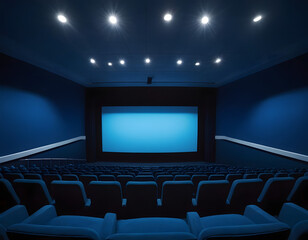 Empty of cinema in blue color with white blank screen. Mockup of hall, auditorium. Empty of cinema in blue color with white blank screen. 