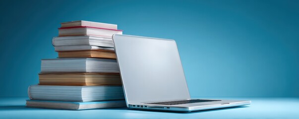 Stacked Books Beside Open Laptop on Blue Background for Educational and Digital Learning Concepts in Modern Study Environments