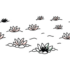 Simple line drawing of water lilies in a pond