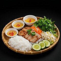 Vietnamese bún thịt nướng with grilled pork, rice vermicelli, and pickled vegetables, drizzled with nuoc cham, arranged with fresh herbs like cilantro and mint on a bamboo tray,