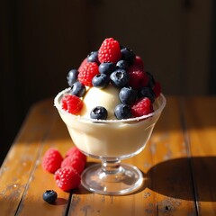 vanilla frozen yogurt with blueberries and raspberries in a glass cup, sitting on a textured wooden table with cozy ambient lighting behind