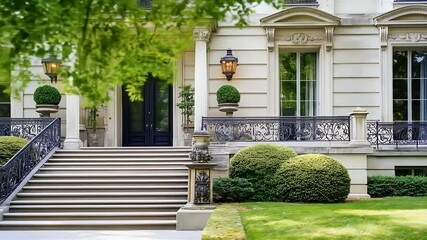 Elegant White Stone Mansion Exterior with Black Door and Ornate Iron Railings - Powered by Adobe