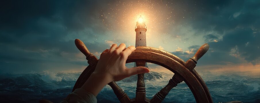 Hand on a Ship's Wheel with a Distant Lighthouse Illuminated by Sunset, Symbolizing Navigation, Adventure, and the Spirit of Exploration at Sea
