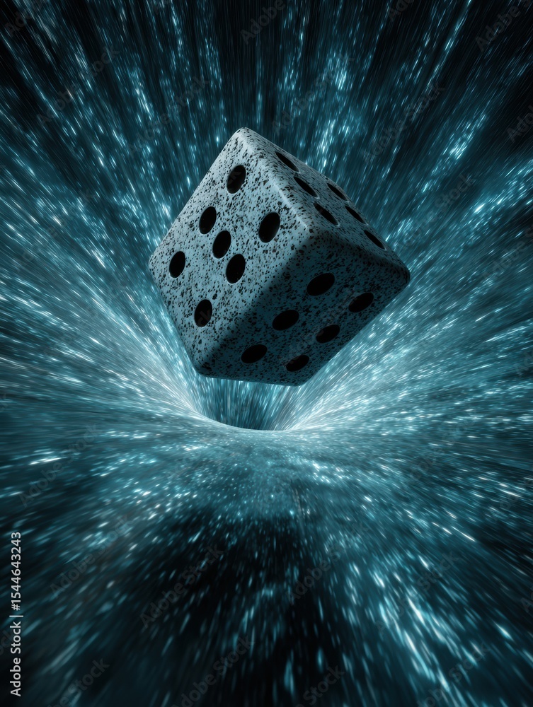 Poster Rolling Dice Travels Through a Glowing Cyberspace Tunnel Filled With Sparks and Light in a Dynamic Digital Landscape
