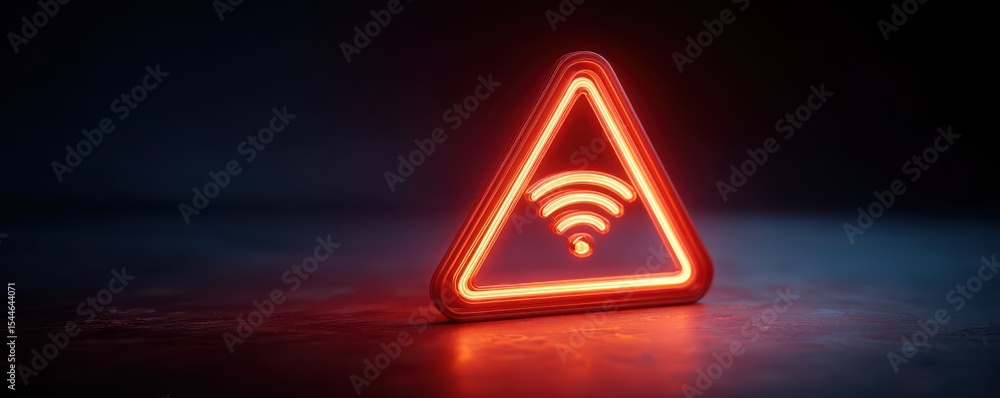 Poster glowing red warning sign in a triangle shape indicating weak wi-fi signal for digital communication 