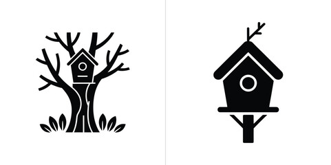 Birdhouse in Tree Silhouette and Standalone Birdhouse Illustration Black and White Icons