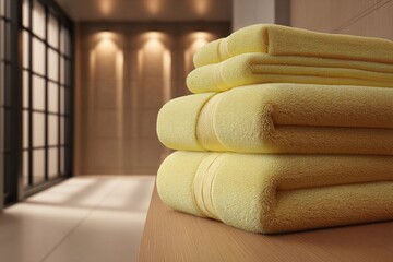 Relaxing Spa Area With Soft Yellow Towels Gently Illuminated by Warm Light Generative AI