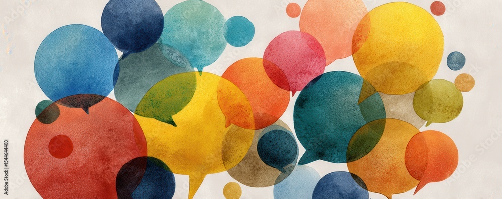 Poster colorful speech bubbles in a playful arrangement illustrating communication and connection in design
