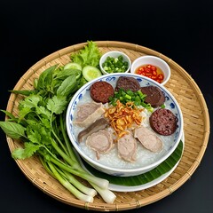 Vietnamese cháo lòng rice porridge with pork offal and blood pudding, garnished with fried shallots, arranged with fresh herbs like scallions and cilantro on a bamboo tray,