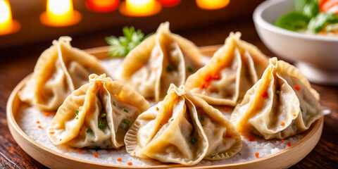 Steamed Dumplings on Wooden Plate with Candles in Background