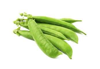 Pile of fresh green pea pods isolated on white