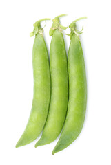 Fresh green pea pods isolated on white, top view