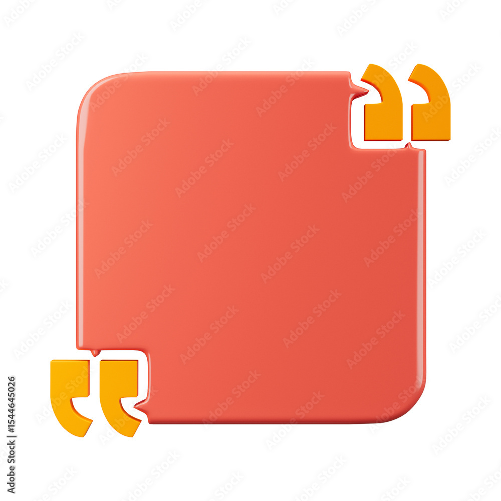 Poster a coral square with rounded corners and orange quotation marks on a black isolated background